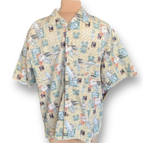 Vintage Shirt Yellow Hawaiian Boxy Camp Floral Short Sleeve Classic Aircraft - Picture 3 of 10